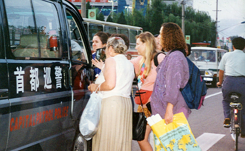 Women getting on the shuttle