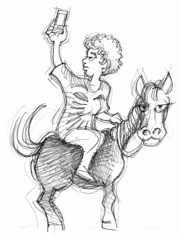 Woman with cellphone on a horse